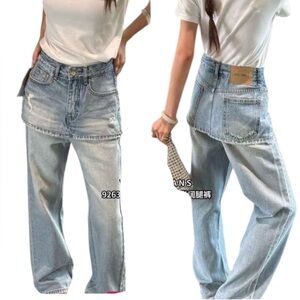 Fashion Blue Denim wide leg jeans with faux skirt